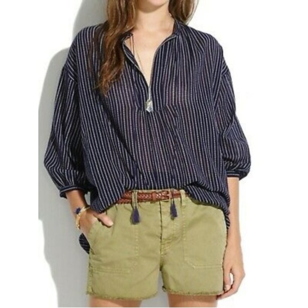 Madewell Medium Navy Blue White Striped Cotton Tunic Top Oversized Boxy